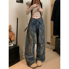 批发做旧抹脏乱绣弯刀<b class='q'>牛仔裤</b>街头宽松裤子春夏男女潮
