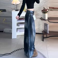 批发复古水洗蓝***须弯刀牛仔裤<b class='q'>男</b>女微喇宽松阔腿拖地镰刀裤直筒哈伦