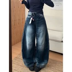 批发复古水洗蓝***须弯刀牛仔裤<b class='q'>男</b>女微喇宽松阔腿拖地镰刀裤直筒哈伦