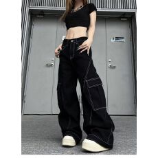 批发港风复古显瘦明线设计感<b class='q'>帅气</b>牛仔裤女宽松街头风宽松阔腿工装裤