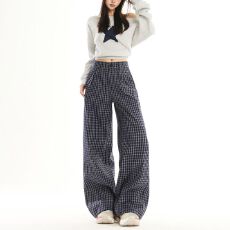 批发【实拍实价】复古格子<b class='q'>休闲</b>裤女春季新款中性宽松显瘦慵懒风直筒裤