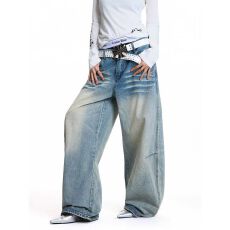 批发美式复古水洗高街猫须磨白刺绣条纹弯刀牛仔裤男女潮牌宽松<b class='q'>休闲</b>裤