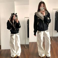 批发新款流行简约豹纹拼接排扣水洗工装裤时尚气质日系ins原宿潮流