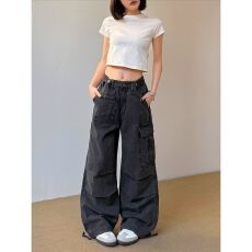 批发气质百搭新款简约日系褶皱多口袋水洗工装裤原宿潮流流行文艺慵懒