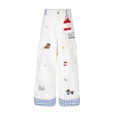 批发【带公仔配件】美式复古小狗刺绣格子拼接工装裤高腰宽松直筒阔腿