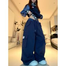 批发新款流行简约文艺时尚百搭日系气质松紧腰抽绳拼色多口袋<b class='q'>牛仔裤</b>