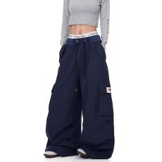 批发新款松紧腰抽绳拼色多口袋<b class='q'>休闲</b>裤日系ins流行原宿潮流慵懒简约