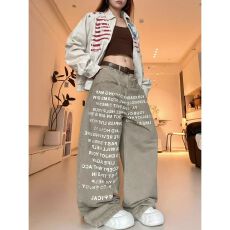 美式复古字母印花牛仔裤男女款直筒显瘦毛边潮牌高级感小众裤子