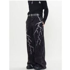 批发小众闪电刺绣阔腿半<b class='q'>松紧腰</b><b class='q'>牛仔裤</b>女春季街头宽松休闲设计感水洗