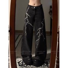 批发美式复古水洗做旧半<b class='q'>松紧腰</b><b class='q'>牛仔裤</b>男女宽松直筒阔腿长裤子