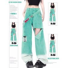 批发美式复古多巴胺辣妹渐变色破洞牛仔裤女夏季设计感直筒阔腿长裤潮