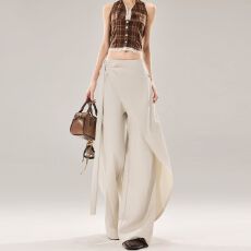 批发【实价 三三斜】设计感不规则飘带休闲<b class='q'>西装</b>裤<b class='q'>女</b>新款慵懒松弛阔腿