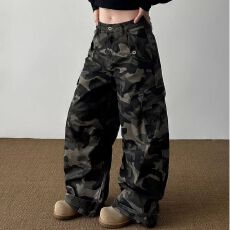 批发美式高街军绿迷彩工装牛仔<b class='q'>裤</b>女直筒宽松复古<b class='q'>嘻哈</b>风高腰阔腿<b class='q'>裤</b>