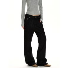 批发美式街头原牛口袋刺绣微喇牛仔裤男女cleanfit百搭休闲直筒长裤