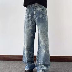 批发中式复古刺绣提花牛仔阔腿裤<b class='q'>女</b>宽松大码显瘦小众设计感阔脚<b class='q'>裤</b>