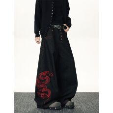 批发重工立体红龙刺绣黑色排扣<b class='q'>牛仔裤</b>男女街头美式复古宽松阔腿裤子潮