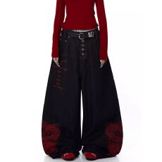 批发美式复古立体红龙刺绣黑色排扣阔腿<b class='q'>牛仔裤</b>男女街头嘻哈宽松拖地裤