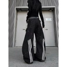 批发复古美式轻亚字母印花黑色宽松工装<b class='q'>牛仔裤</b>直筒阔腿拖地牛仔长裤子