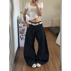 批发黑色<b class='q'>牛仔裤</b>女春秋季美式星星解构条纹拼接泼墨弯刀设计感阔腿裤潮
