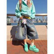 批发美式复古水洗做旧牛仔裤男女夏季新款宽松直筒阔腿裤休闲七分裤潮