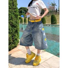 批发美式复古星星印花牛仔七分裤夏季薄款中裤宽松水洗阔腿短裤子