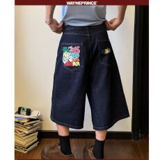 批发美式复古彩色字母印花黑色七分裤女春夏新款辣妹直筒休闲牛仔短裤