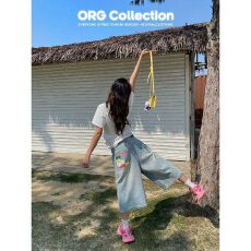 批发美式vibe高街印花牛仔裤女复古高腰休闲宽松显瘦阔腿七分裤中裤潮