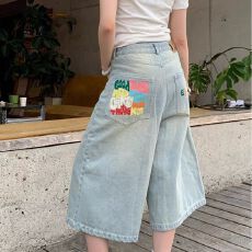 批发美式复古字母印花牛仔七分裤女夏季高街设计感宽松显瘦阔腿短裤潮