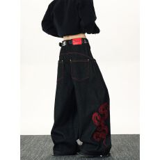 批发重工立体红龙刺绣黑色排扣牛仔裤男女街头美式复古宽松阔腿裤子潮