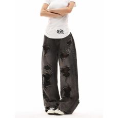 批发美式高街复古破洞乞丐风格牛仔裤女新款直筒宽松阔腿显瘦酷女y2k