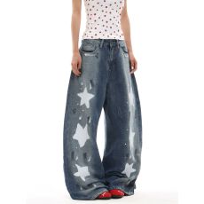批发美式复古星星印花水洗涂鸦牛仔裤女新款街头宽松直筒阔腿拖地裤