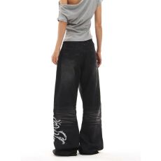 批发美式高腰重工刺绣牛仔裤朋克喇叭y2k水洗长裤暗黑系阔腿裤子微喇