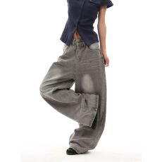 批发美式高街复古做旧烟灰色阔腿牛仔裤女宽松直筒垂感宽松长裤子y2k