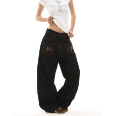 批发美式复古刺绣水洗牛仔裤高街设计感高腰宽松直筒休闲阔腿长裤y2k