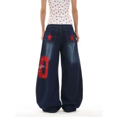 批发美式<b class='q'>秋</b>季星星刺绣弯刀裤女小众设计感阔腿宽松痞帅牛仔裤拖地长裤