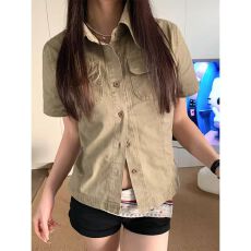 批发美式高级感复古工装短袖<b class='q'>衬衫女</b>夏季新款设计感百搭短款上