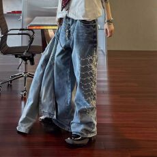高级设计感牛仔裤男女时尚金属脊骨铆钉潮流宽松直筒阔腿裤高街