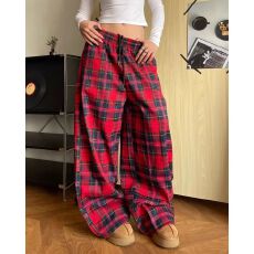 批发慵懒风红色格纹休闲裤<b class='q'>男</b>女同款美式复古街头<b class='q'>运动</b>直筒垂感阔腿<b class='q'>长裤</b>