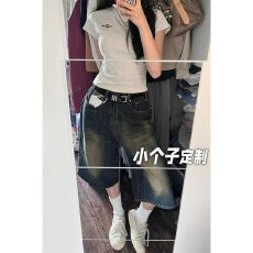 批发美式<b class='q'>牛仔</b>七分<b class='q'>短裤</b>女夏季复古宽松阔腿裤高腰直筒中裤