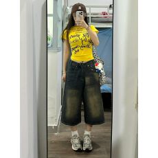 批发美式复古高腰八分<b class='q'>牛仔</b><b class='q'>短裤</b>女夏季设计感七分直筒显瘦中裤阔腿裤子