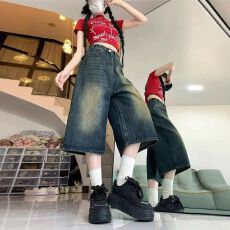 批发美式高街复古阔腿七分<b class='q'>牛仔</b>夏季高腰显瘦宽松直筒<b class='q'>短裤</b>