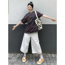 批发美式复古白色<b class='q'>牛仔</b>裤女春秋季高腰七分裤宽松垂感显瘦阔腿裤子