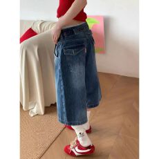 批发竹节纹牛仔中裤美式复古阔腿日常休闲<b class='q'>七分裤</b><b class='q'>男</b>女夏宽松阔腿裤