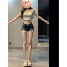 批发美式低腰破洞毛边牛仔短裤女小个子夏季薄款辣妹性感包臀a字热裤
