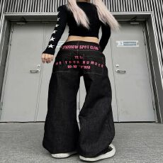 美式复古风cleanfit字母印花伐木牛仔裤女显瘦宽松阔腿直筒休闲裤