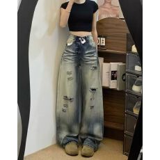 批发美式辣妹复古泥染破洞牛仔裤女早<b class='q'>春</b>新款设计感宽松阔腿长裤潮