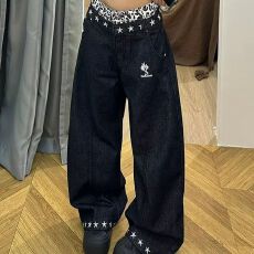 批发豹纹拼接牛仔裤街头亚比风双腰头嘻哈痞帅小众阔腿裤男女