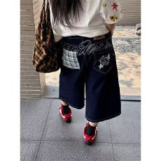 批发美式豹纹拼接刺绣牛仔七分裤女夏季新款直筒阔腿弯刀中裤短裤
