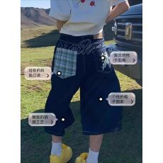 批发美式高街格纹拼接刺绣牛仔短裤男女夏季设计感宽松休闲阔腿七分裤
