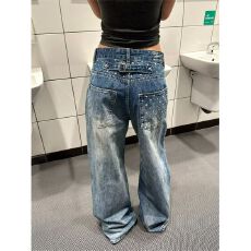 批发<b class='q'>春</b>季新款美式水洗铆钉牛仔裤女低腰设计感高腰宽松直筒阔腿拖地裤